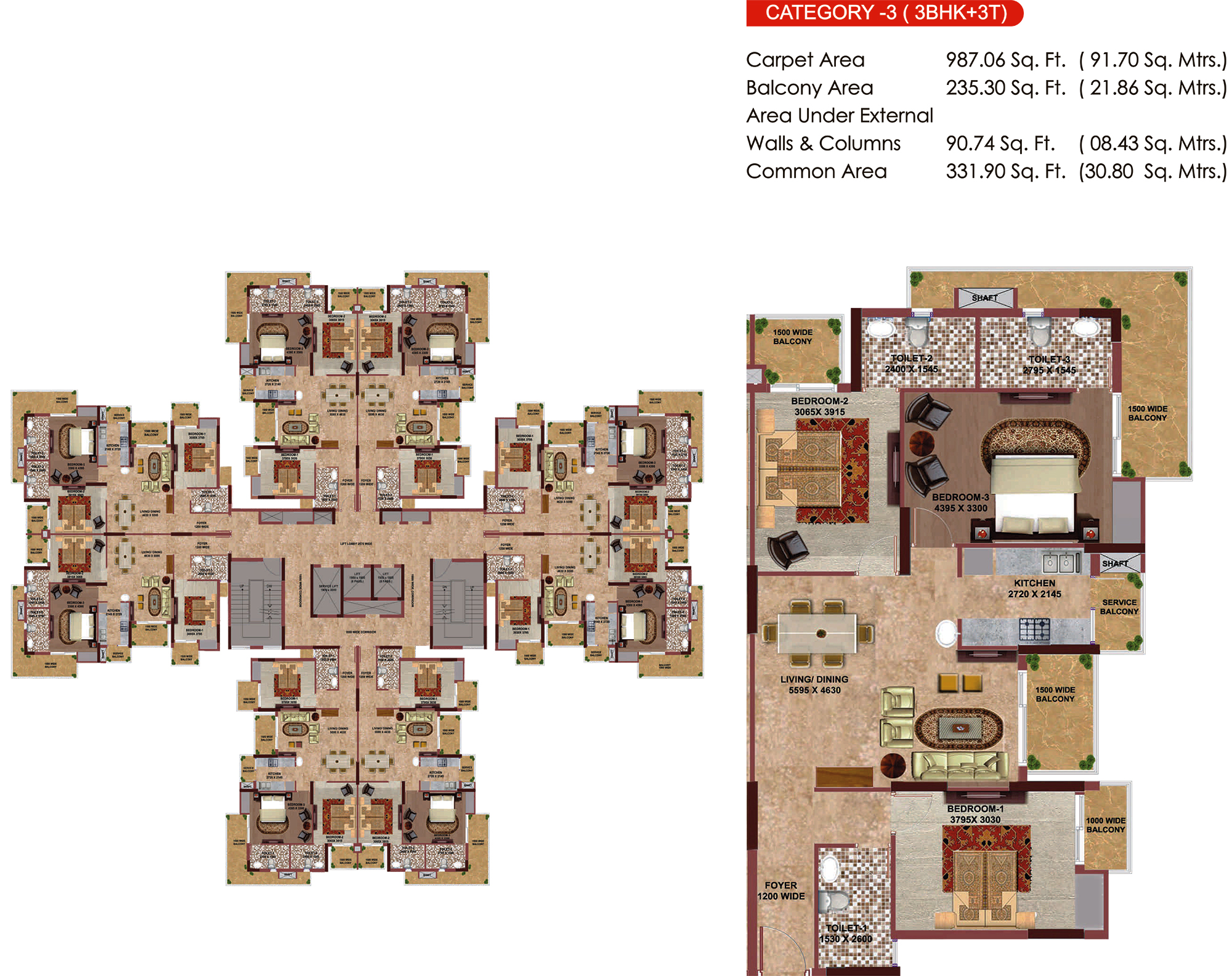 3 BHK + 3T - 1645 Sq.Ft.